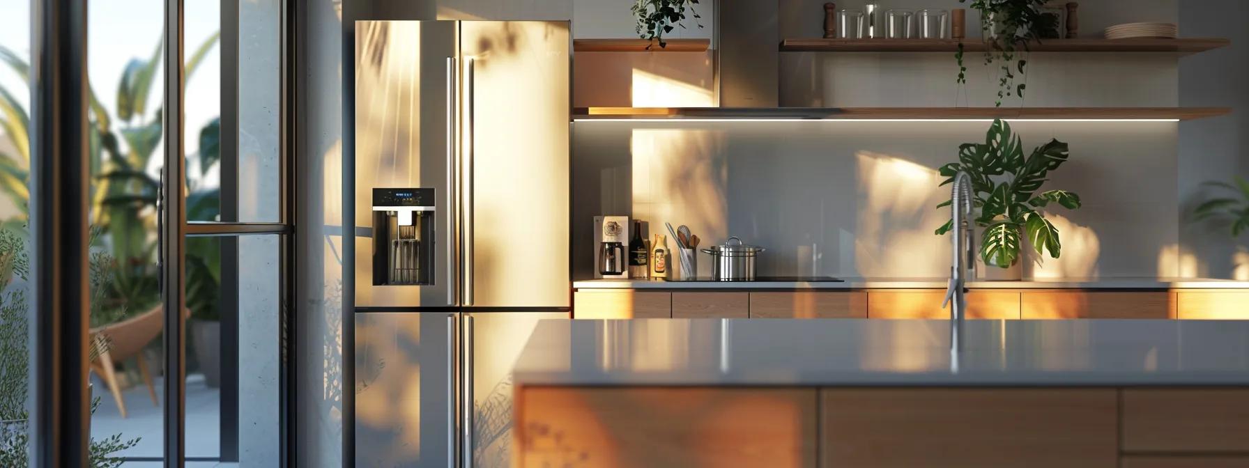 a pristine kitchen showcases a sleek, modern refrigerator and pristine appliances, illuminated by soft, natural light, emphasizing the importance of diy maintenance for longevity.