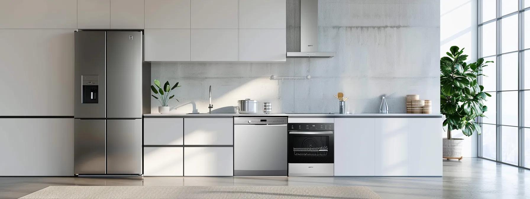 a pristine, minimalistic kitchen showcases a gleaming refrigerator, a stylish oven, and a modern dishwasher, all arranged to emphasize their importance in maintaining a clean and efficient household.